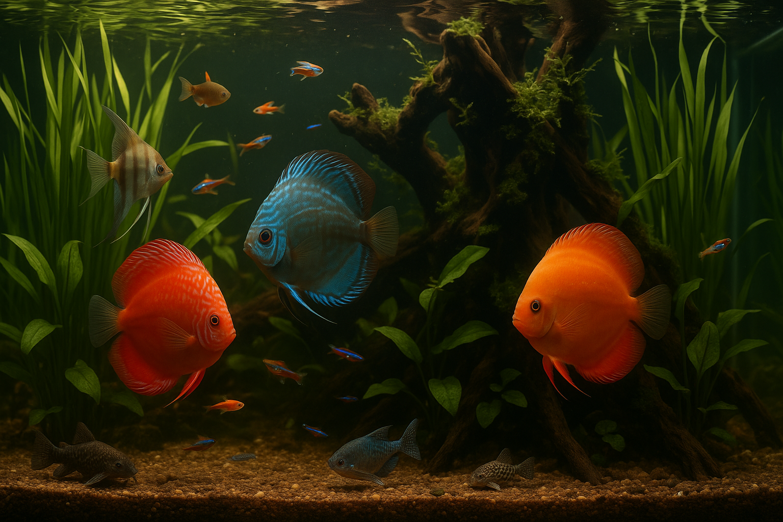 Acuario doméstico plantado con cardumen e iluminación temporizada