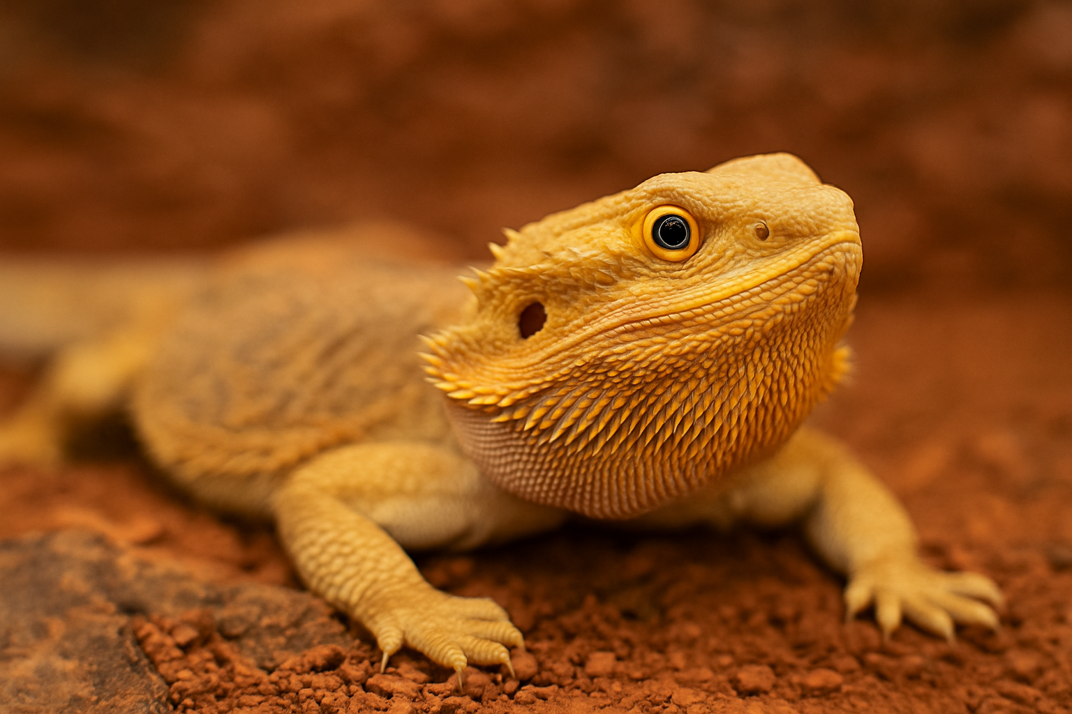 Terrario desértico bien diseñado para pogona: plataformas, escondites y gradiente térmico.