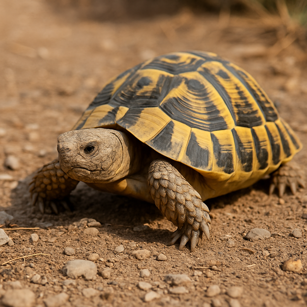 Tortuga tomando el sol bajo UVB: caparazón sano y crecimiento correcto.